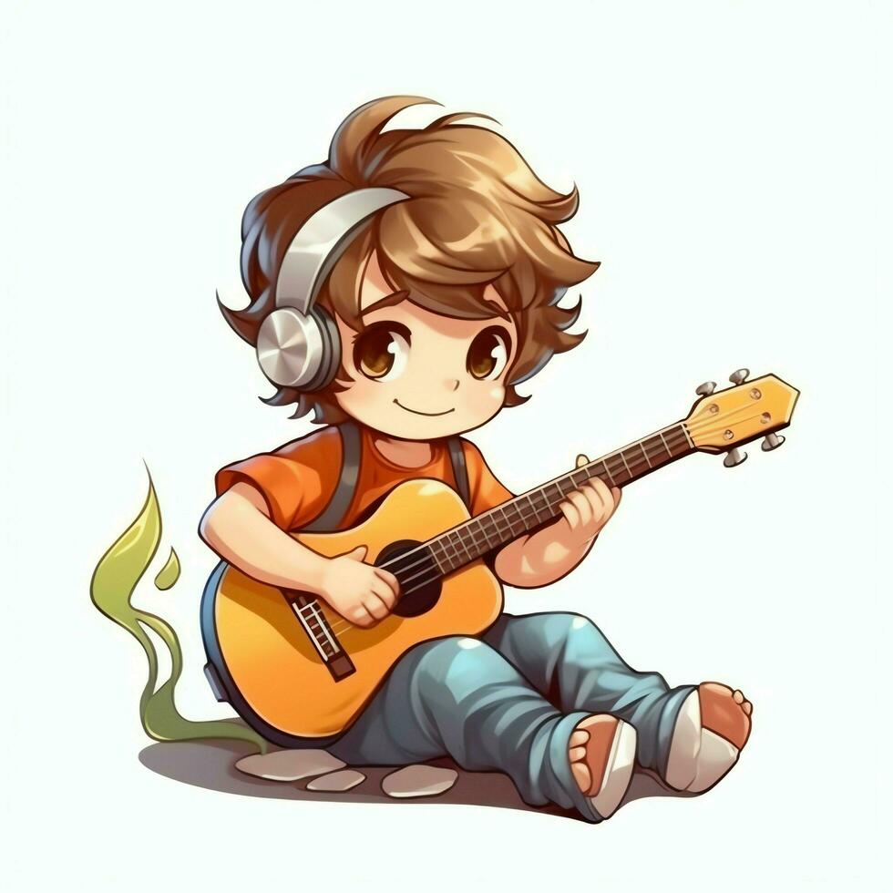 linda chico jugando guitarra y escuchando a música con auriculares en dibujos animados estilo. juventud día o música día concepto por ai generado foto