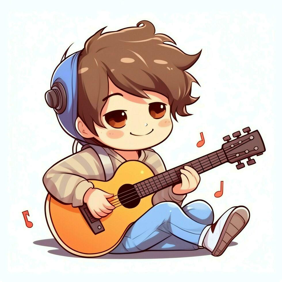 Cute boy playing guitar and listening to music with headset in cartoon style. Youth day or music day concept by AI Generated photo