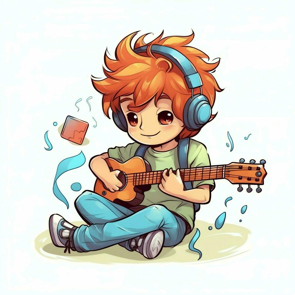 linda chico jugando guitarra y escuchando a música con auriculares en dibujos animados estilo. juventud día o música día concepto por ai generado foto