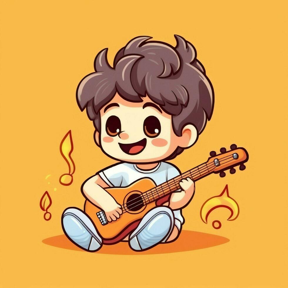 Cute boy playing guitar and listening to music with headset in cartoon style. Youth day or music day concept by AI Generated photo