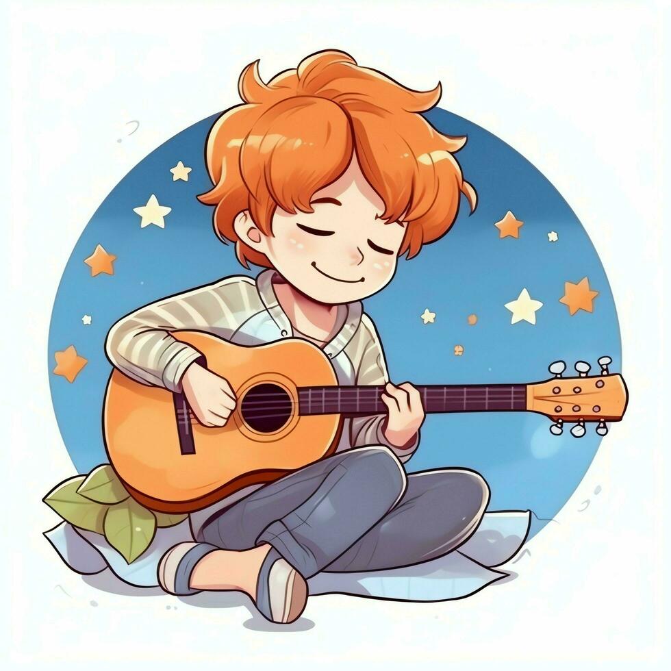 Cute boy playing guitar and listening to music with headset in cartoon style. Youth day or music day concept by AI Generated photo