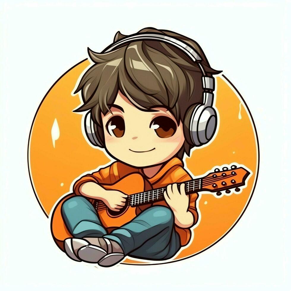 Cute boy playing guitar and listening to music with headset in cartoon style. Youth day or music day concept by AI Generated photo
