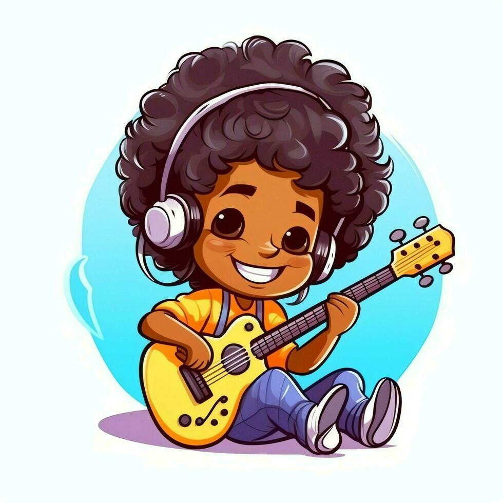 Cute boy playing guitar and listening to music with headset in cartoon style. Youth day or music day concept by AI Generated photo