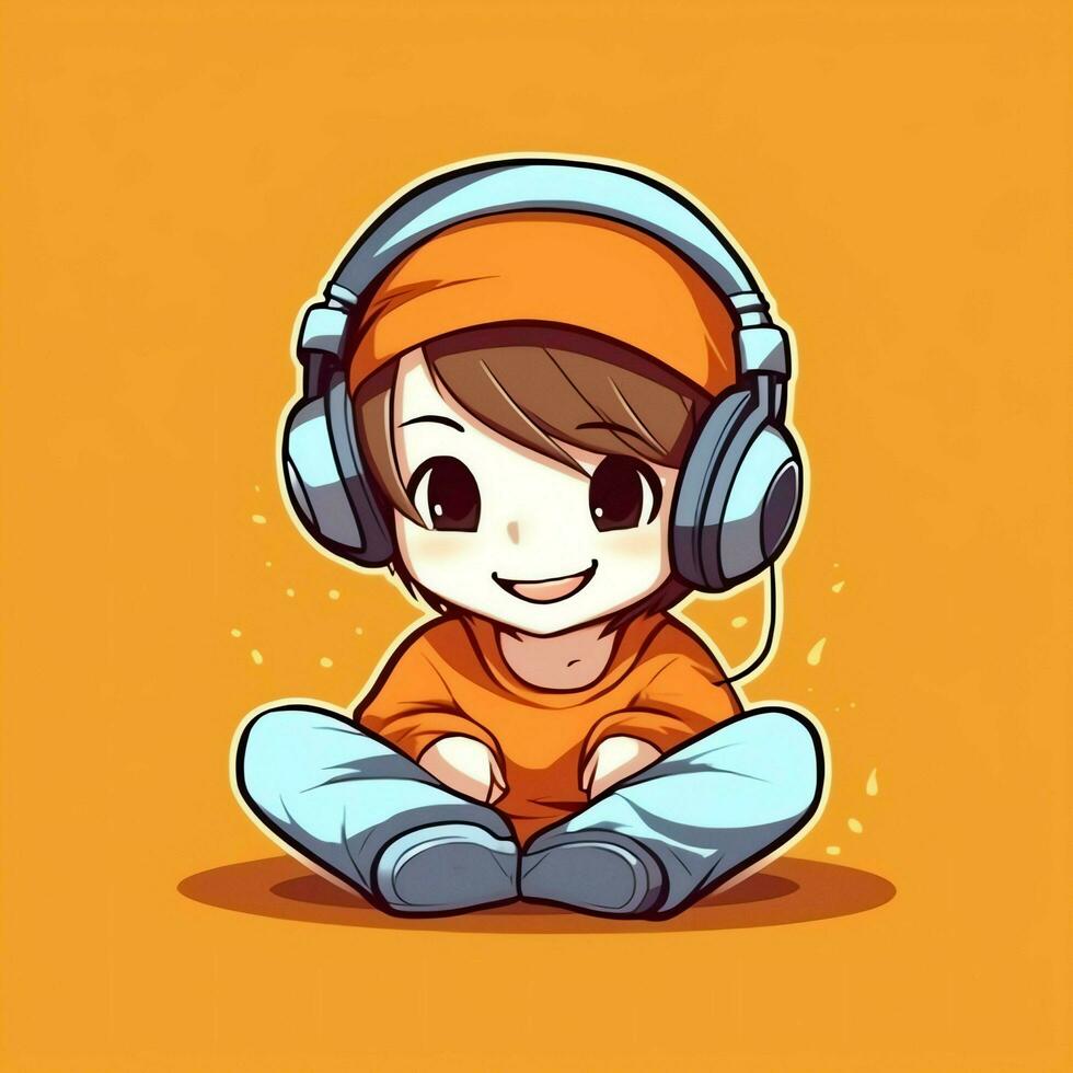 Cute boy playing guitar and listening to music with headset in cartoon style. Youth day or music day concept by AI Generated photo