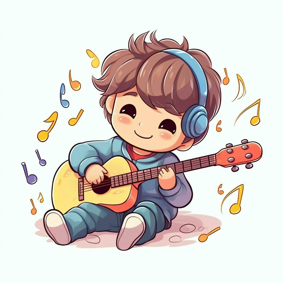 linda chico jugando guitarra y escuchando a música con auriculares en dibujos animados estilo. juventud día o música día concepto por ai generado foto