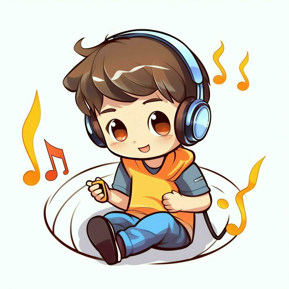 Cute boy playing guitar and listening to music with headset in cartoon style. Youth day or music day concept by AI Generated photo