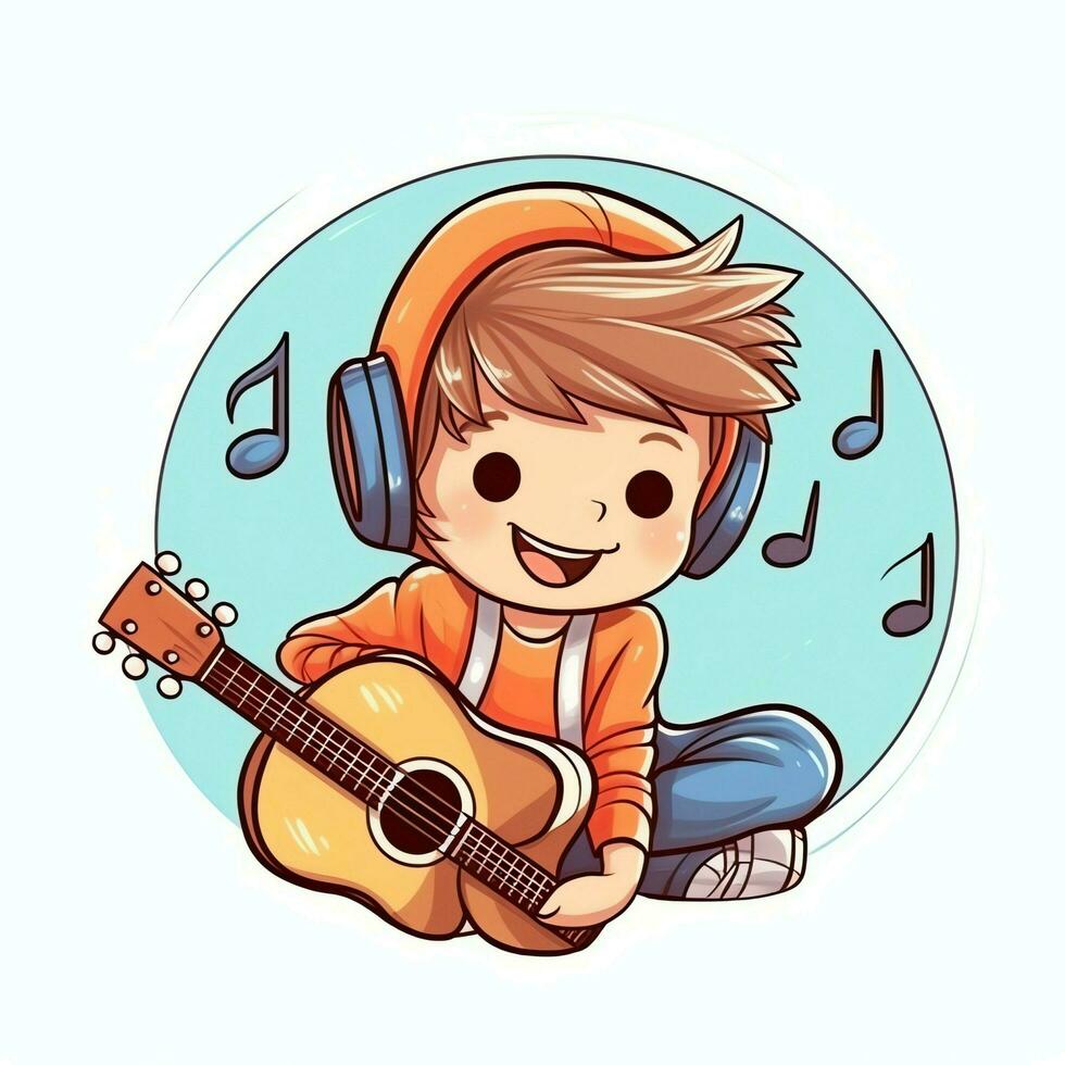 Cute boy playing guitar and listening to music with headset in cartoon style. Youth day or music day concept by AI Generated photo