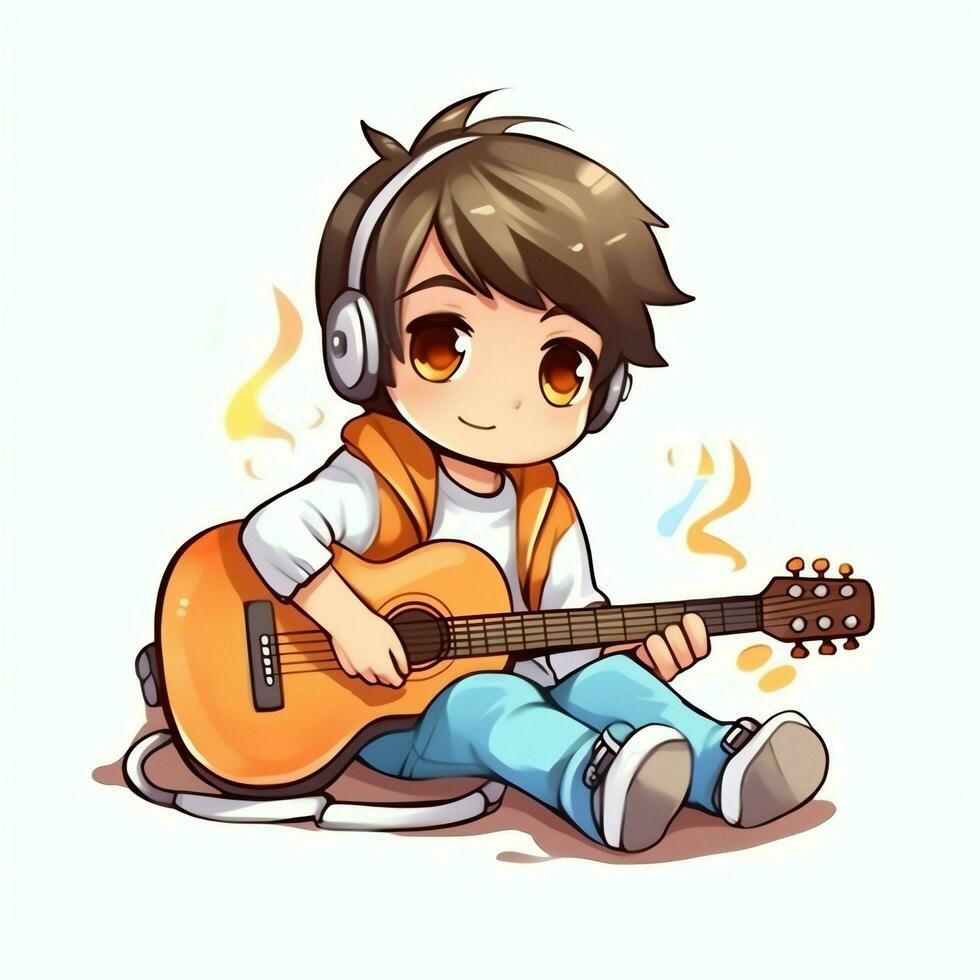 linda chico jugando guitarra y escuchando a música con auriculares en dibujos animados estilo. juventud día o música día concepto por ai generado foto