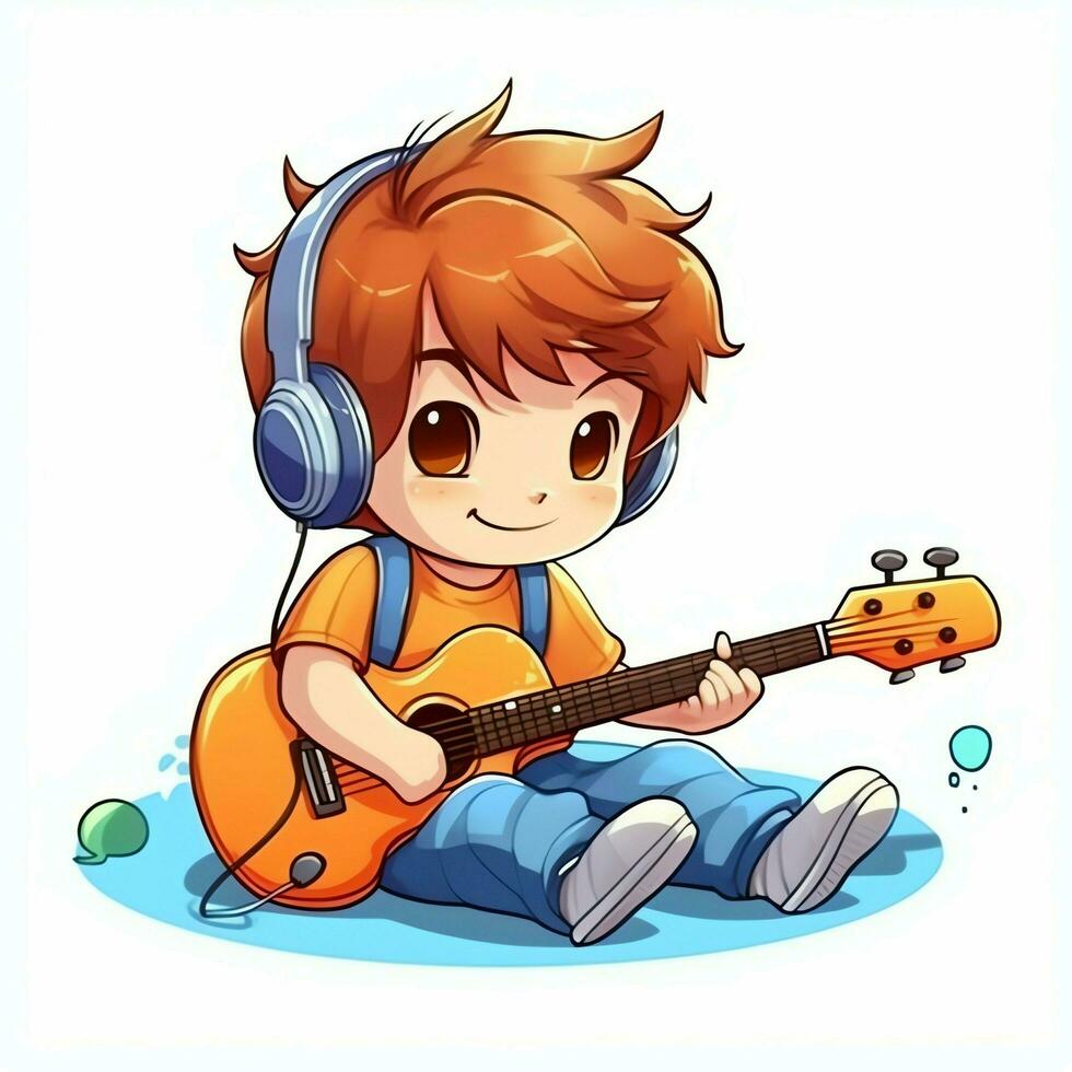 Cute boy playing guitar and listening to music with headset in cartoon style. Youth day or music day concept by AI Generated photo