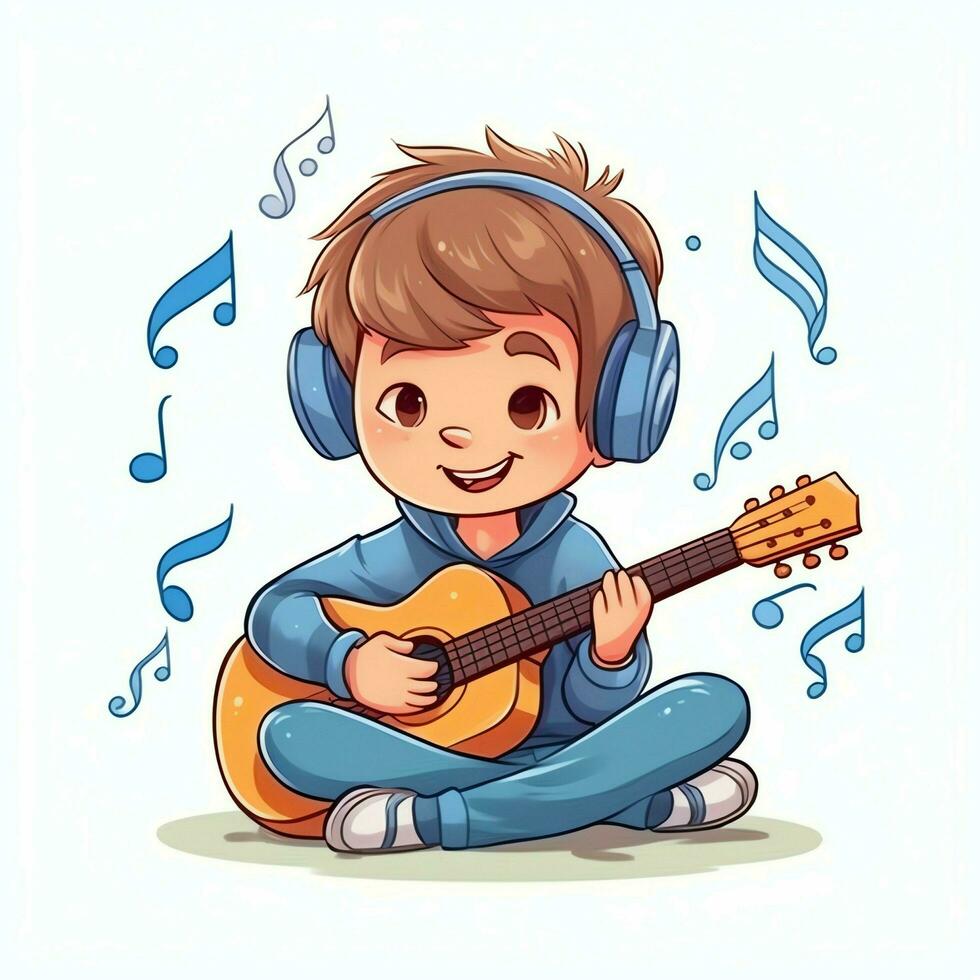 Cute boy playing guitar and listening to music with headset in cartoon style. Youth day or music day concept by AI Generated photo