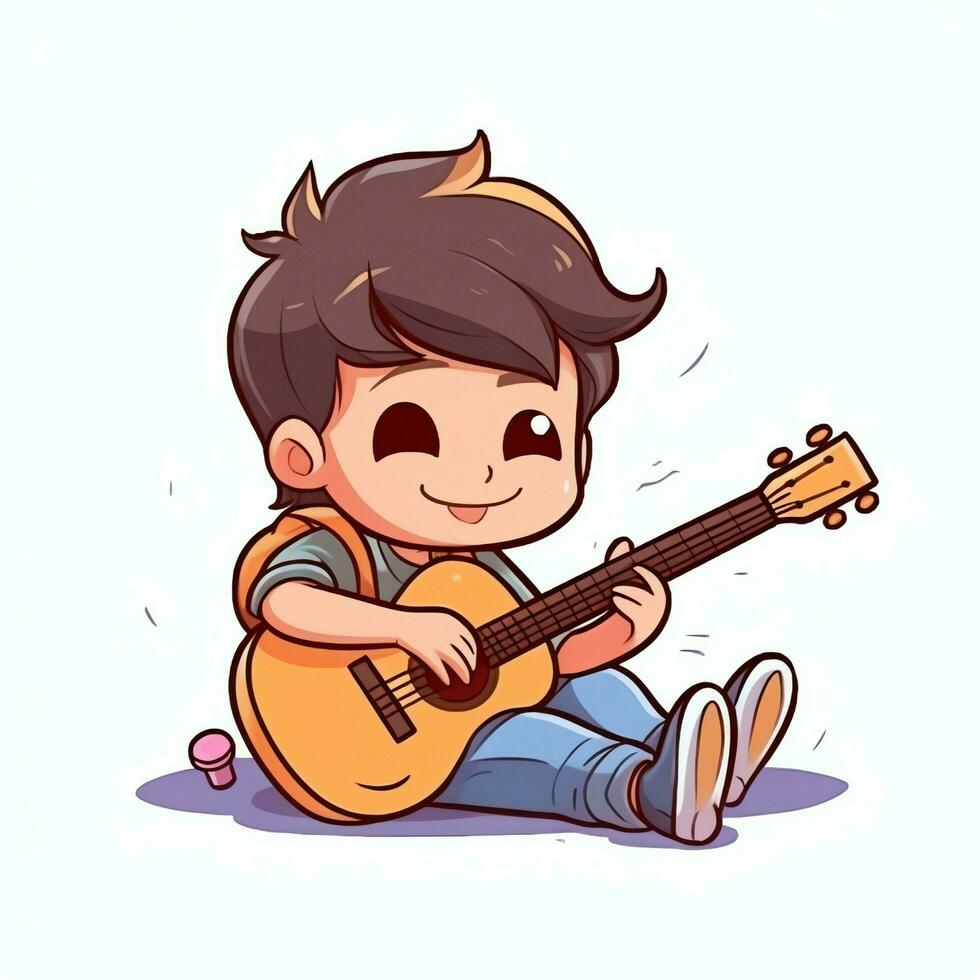 Cute boy playing guitar and listening to music with headset in cartoon style. Youth day or music day concept by AI Generated photo