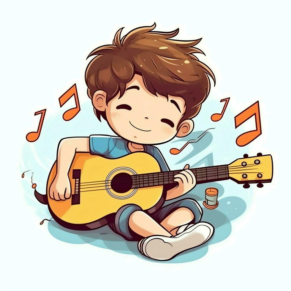 linda chico jugando guitarra y escuchando a música con auriculares en dibujos animados estilo. juventud día o música día concepto por ai generado foto