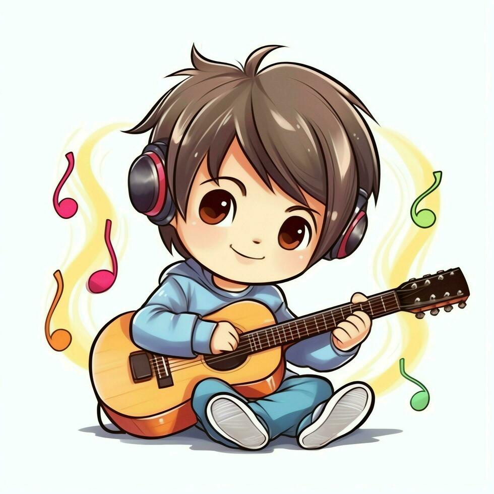 Cute boy playing guitar and listening to music with headset in cartoon style. Youth day or music day concept by AI Generated photo