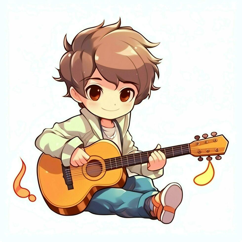 linda chico jugando guitarra y escuchando a música con auriculares en dibujos animados estilo. juventud día o música día concepto por ai generado foto