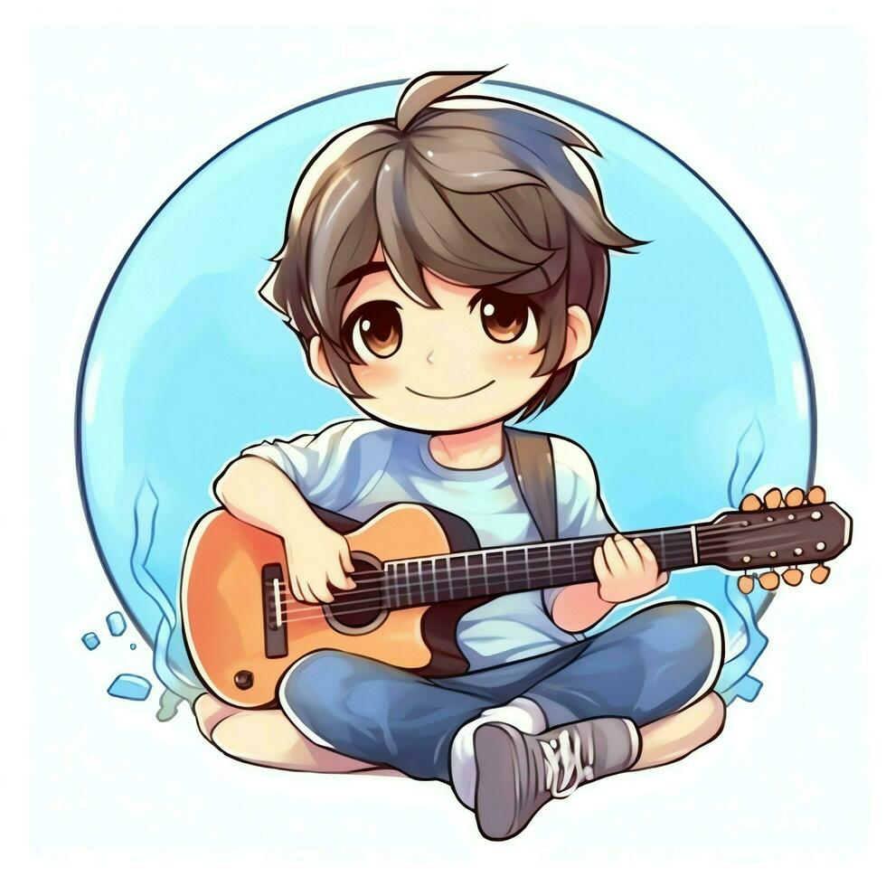 Cute boy playing guitar and listening to music with headset in cartoon style. Youth day or music day concept by AI Generated photo