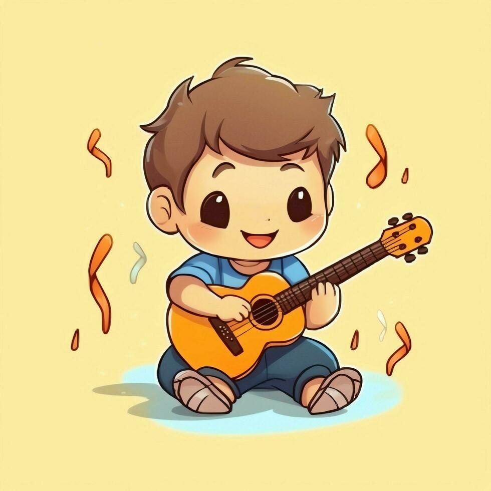 linda chico jugando guitarra y escuchando a música con auriculares en dibujos animados estilo. juventud día o música día concepto por ai generado foto