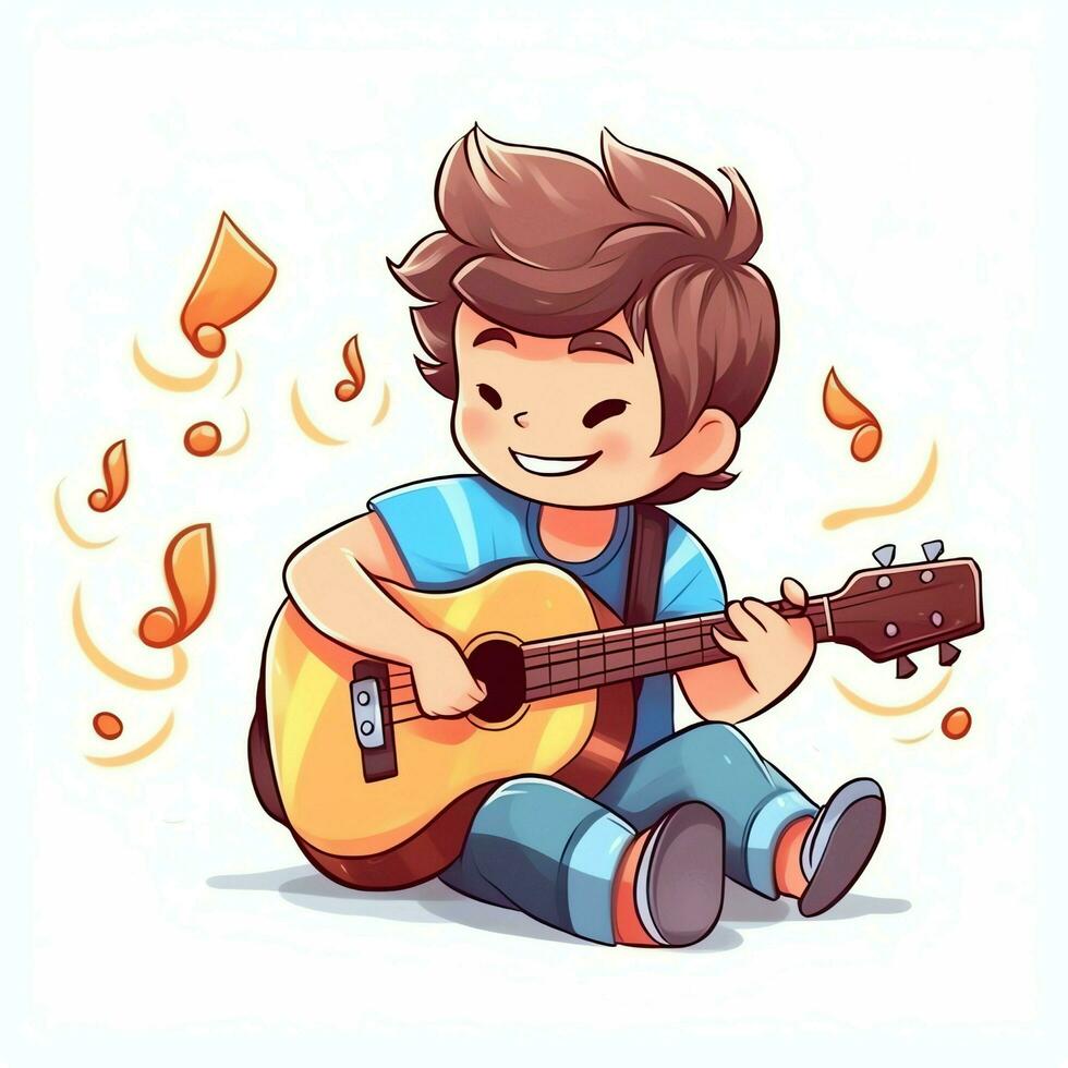 Cute boy playing guitar and listening to music with headset in cartoon style. Youth day or music day concept by AI Generated photo