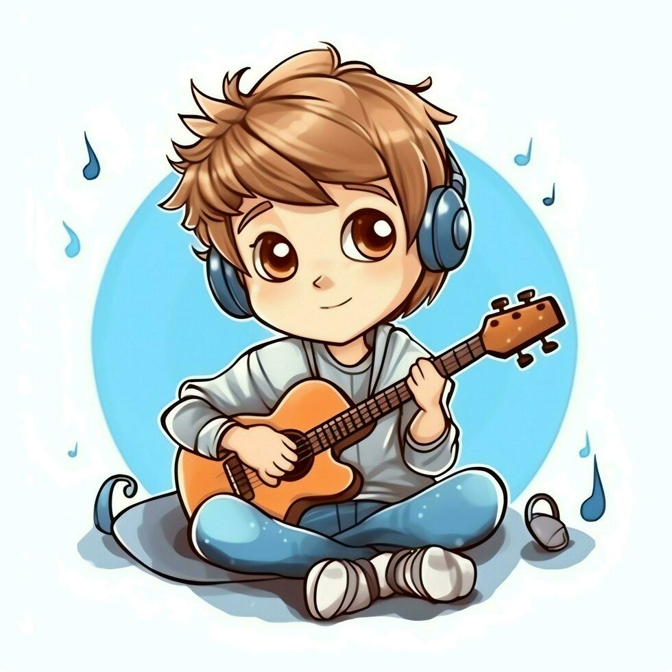 Cute boy playing guitar and listening to music with headset in cartoon style. Youth day or music day concept by AI Generated photo