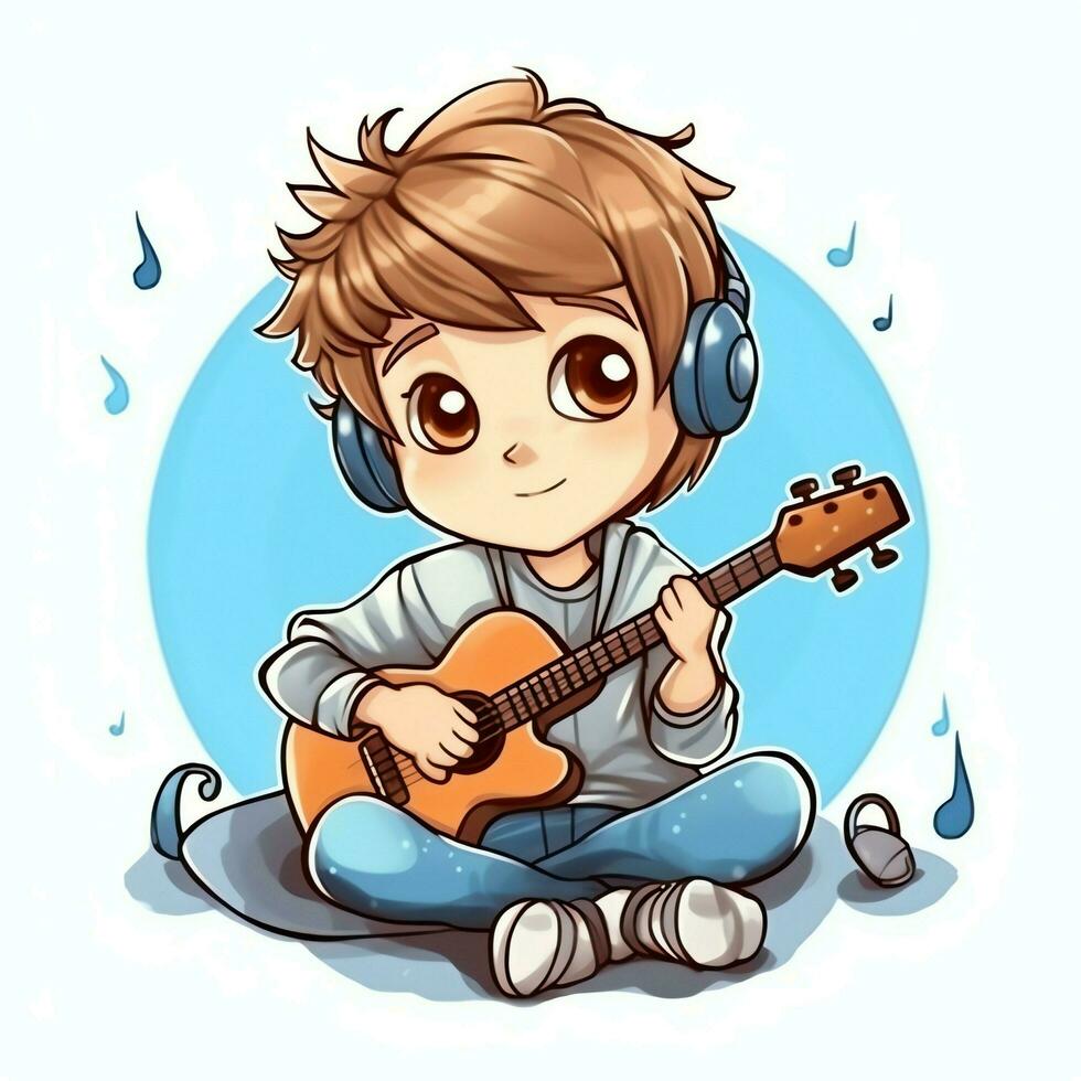 linda chico jugando guitarra y escuchando a música con auriculares en dibujos animados estilo. juventud día o música día concepto por ai generado foto