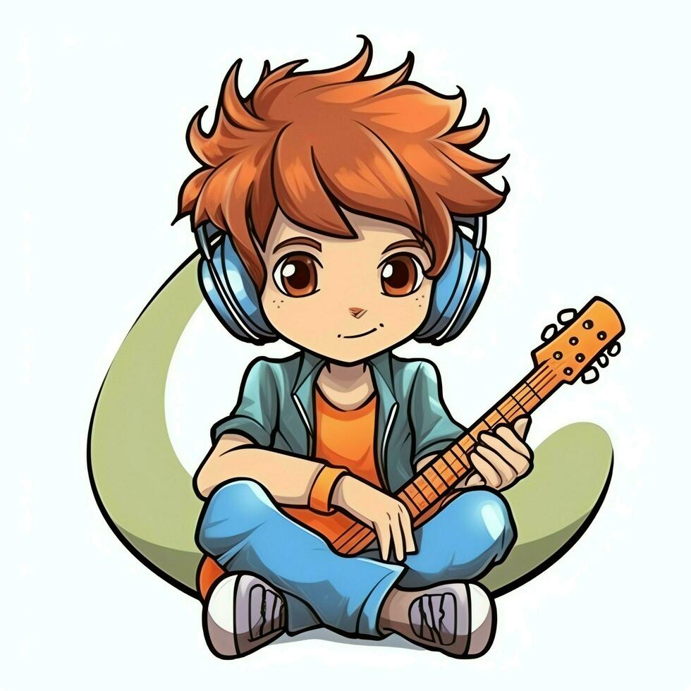 Cute boy playing guitar and listening to music with headset in cartoon style. Youth day or music day concept by AI Generated photo