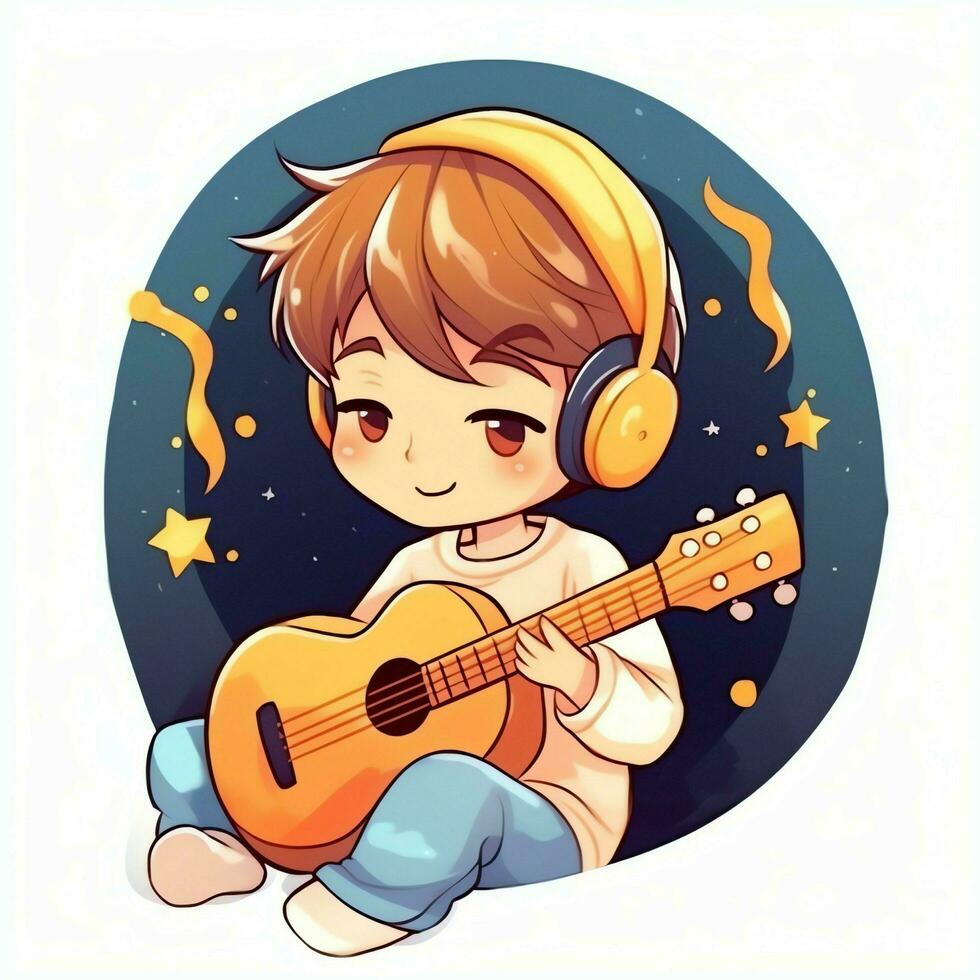 Cute boy playing guitar and listening to music with headset in cartoon style. Youth day or music day concept by AI Generated photo