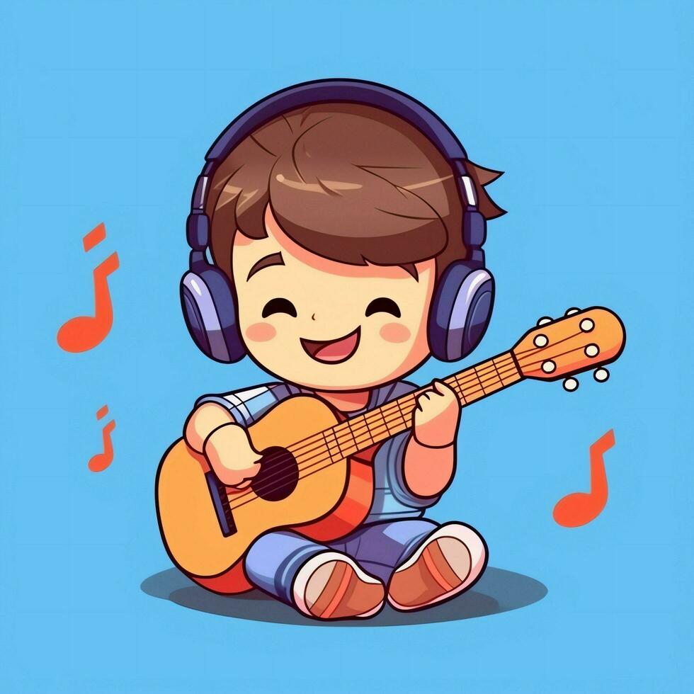 Cute boy playing guitar and listening to music with headset in cartoon style. Youth day or music day concept by AI Generated photo