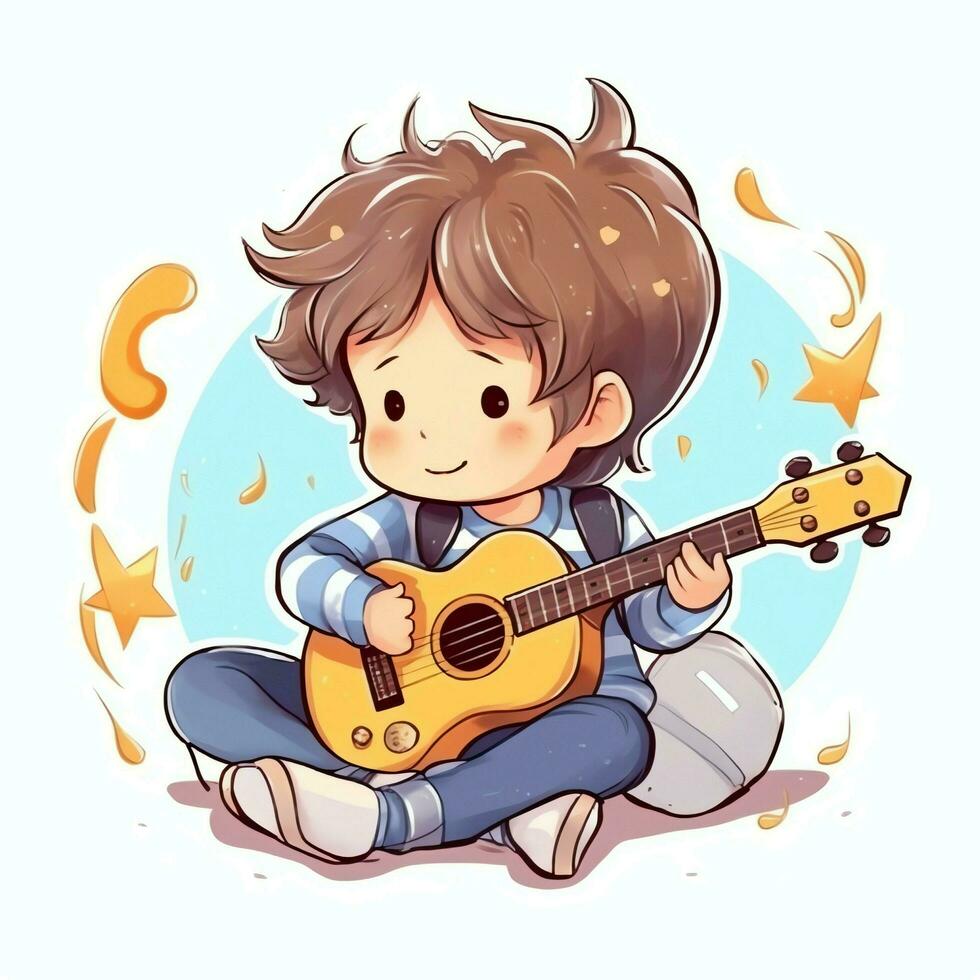 linda chico jugando guitarra y escuchando a música con auriculares en dibujos animados estilo. juventud día o música día concepto por ai generado foto