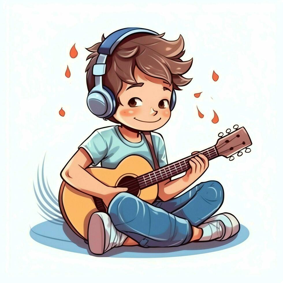 Cute boy playing guitar and listening to music with headset in cartoon style. Youth day or music day concept by AI Generated photo