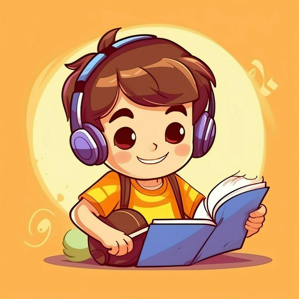 Cute boy playing guitar and listening to music with headset in cartoon style. Youth day or music day concept by AI Generated photo