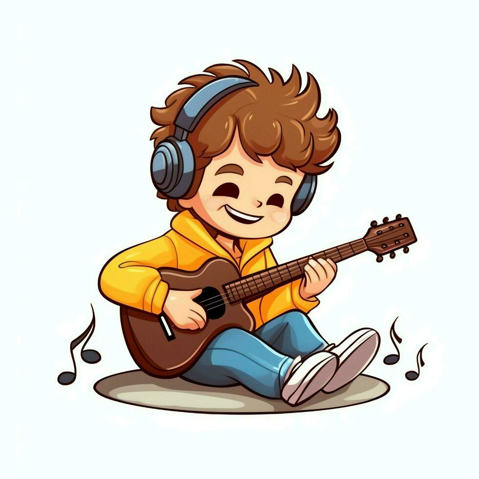 Cute boy playing guitar and listening to music with headset in cartoon style. Youth day or music day concept by AI Generated photo