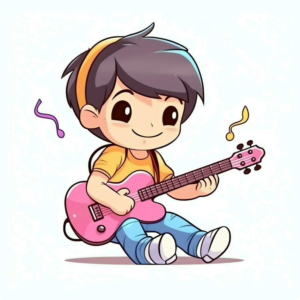 linda chico jugando guitarra y escuchando a música con auriculares en dibujos animados estilo. juventud día o música día concepto por ai generado foto