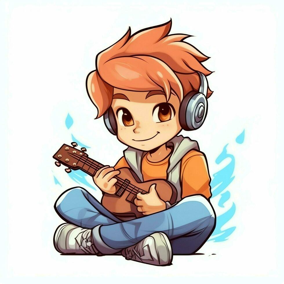 Cute boy playing guitar and listening to music with headset in cartoon style. Youth day or music day concept by AI Generated photo