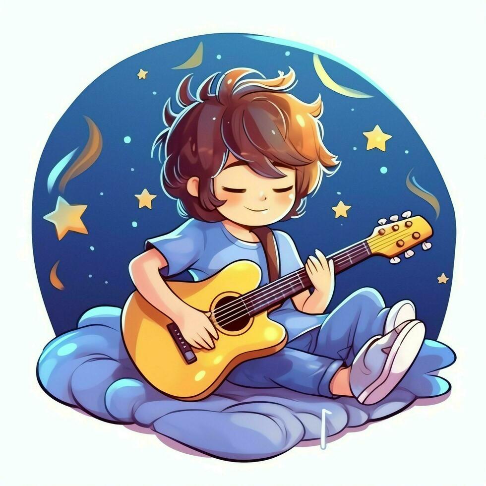 Cute boy playing guitar and listening to music with headset in cartoon style. Youth day or music day concept by AI Generated photo