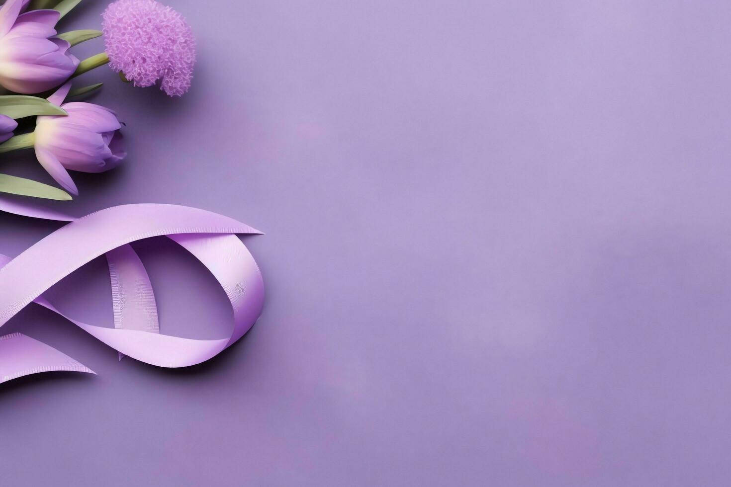 Pink or purple ribbon as breast cancer or epilepsy awareness symbol and copy space. World cancer day concept by AI Generated photo