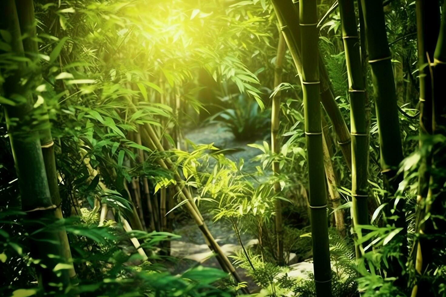 View of botanical green bamboo tropical forest in daylight. Oriental bamboo grove in china japanese concept by AI Generated photo