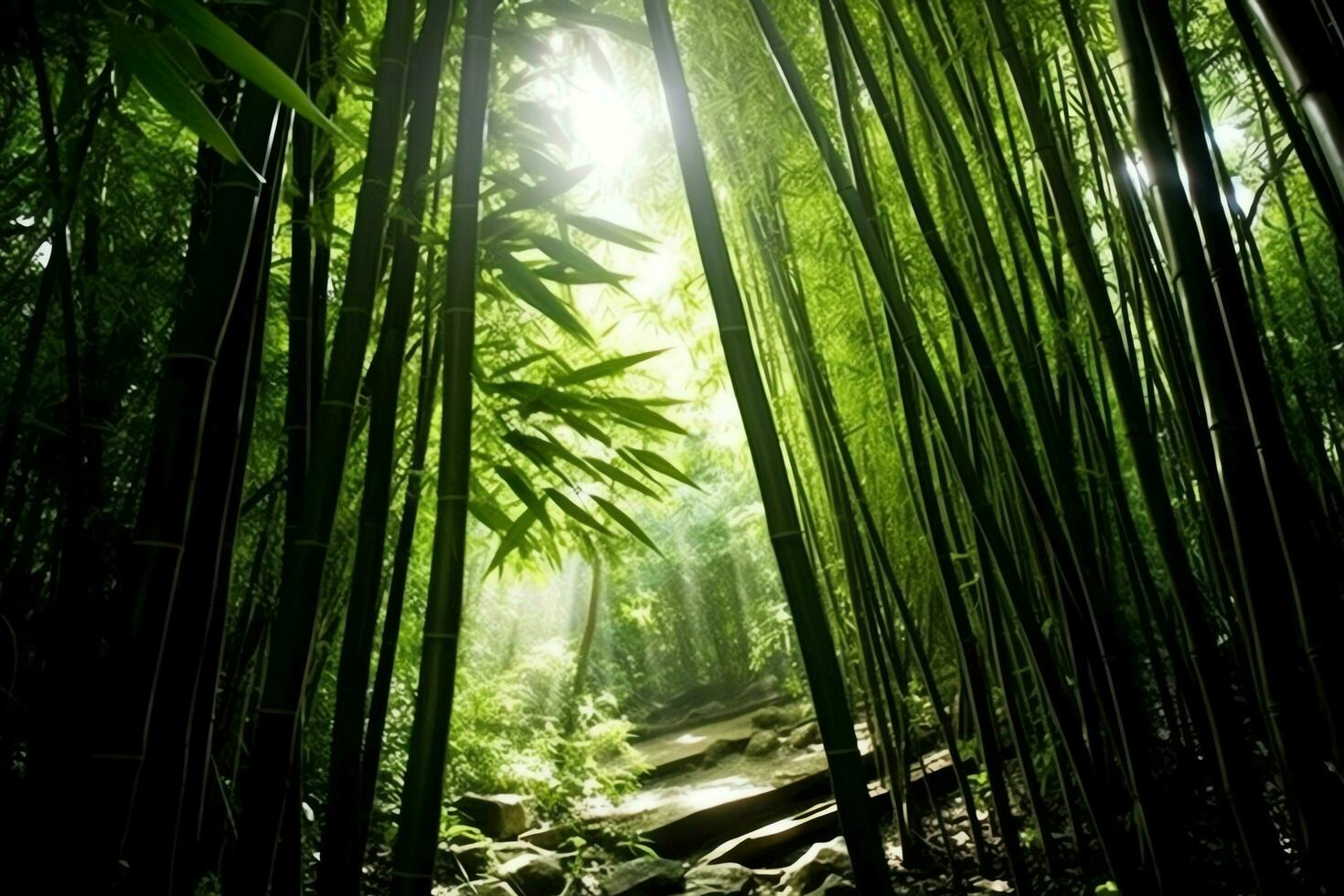 View of botanical green bamboo tropical forest in daylight. Oriental bamboo grove in china japanese concept by AI Generated photo