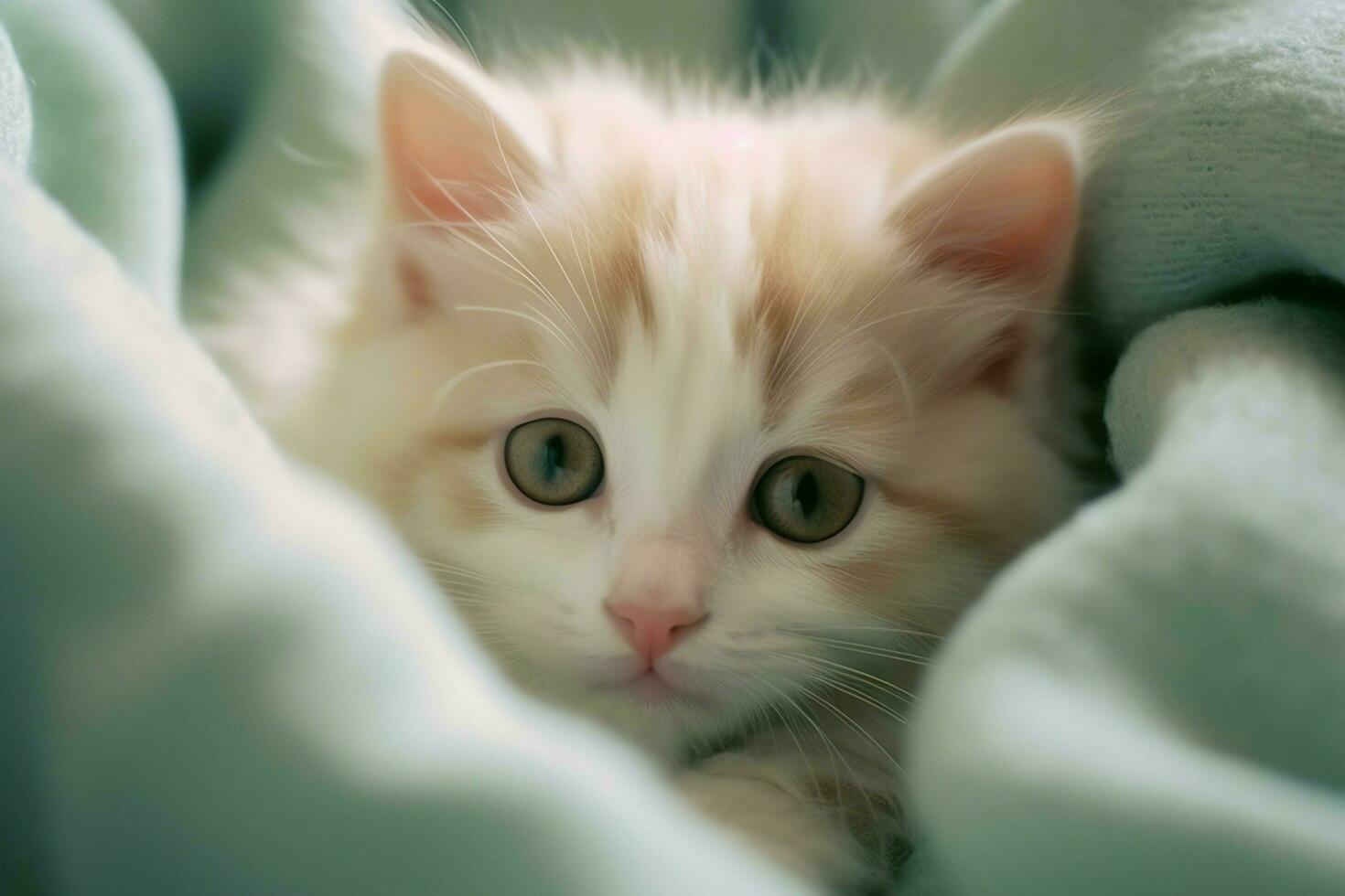 Cute small fluffy kitten with beautiful eyes is sitting or resting. British shorthair. Cat day concept by AI Generated photo