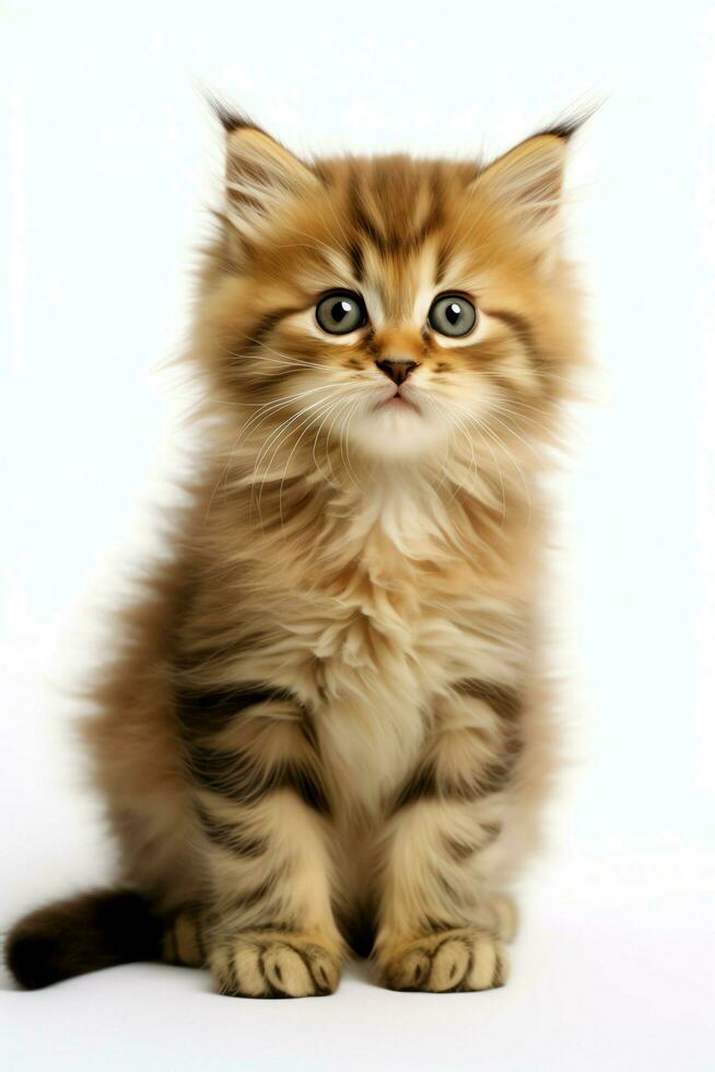 Cute small fluffy kitten with beautiful eyes is sitting or resting. British shorthair. Cat day concept by AI Generated photo