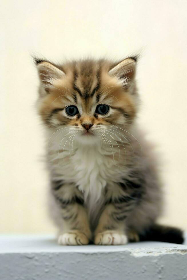 Cute small fluffy kitten with beautiful eyes is sitting or resting. British shorthair. Cat day concept by AI Generated photo