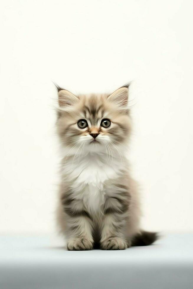 Cute small fluffy kitten with beautiful eyes is sitting or resting. British shorthair. Cat day concept by AI Generated photo