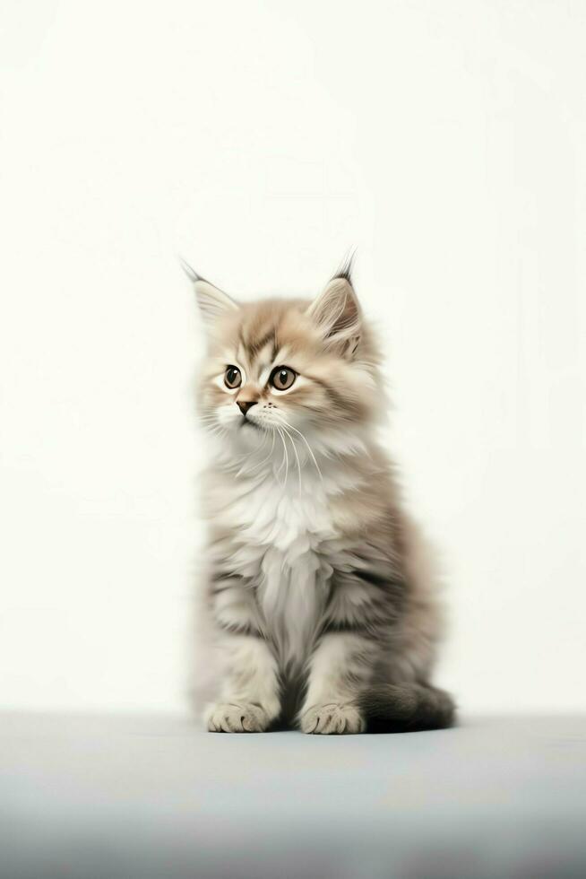 Cute small fluffy kitten with beautiful eyes is sitting or resting. British shorthair. Cat day concept by AI Generated photo
