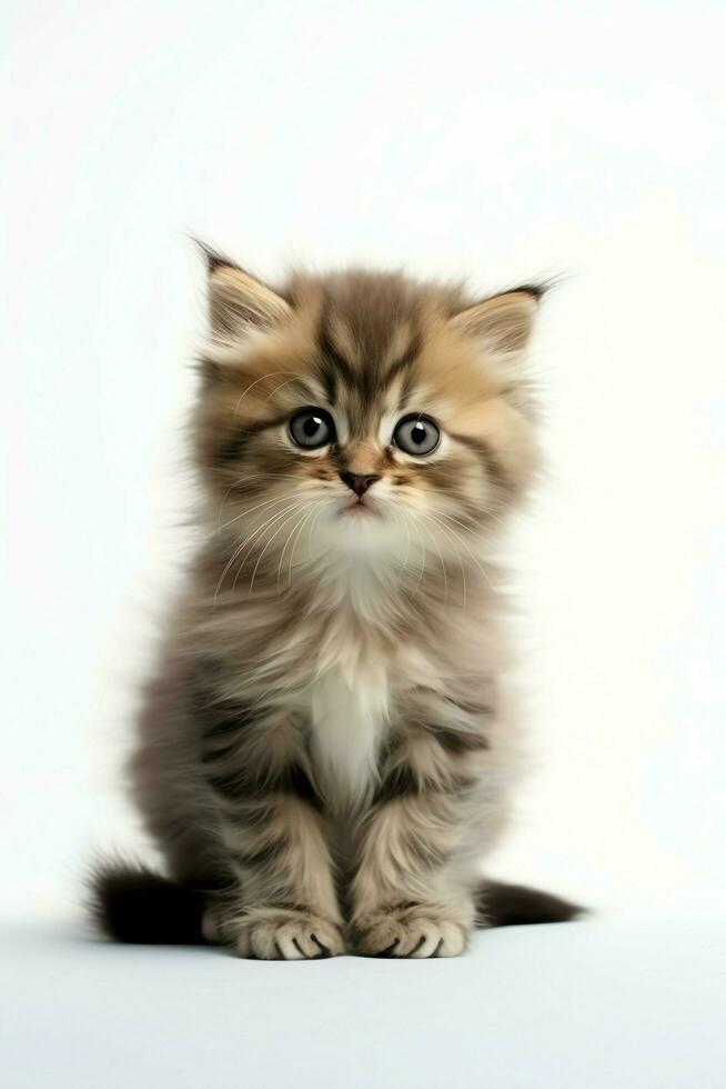 Cute small fluffy kitten with beautiful eyes is sitting or resting. British shorthair. Cat day concept by AI Generated photo