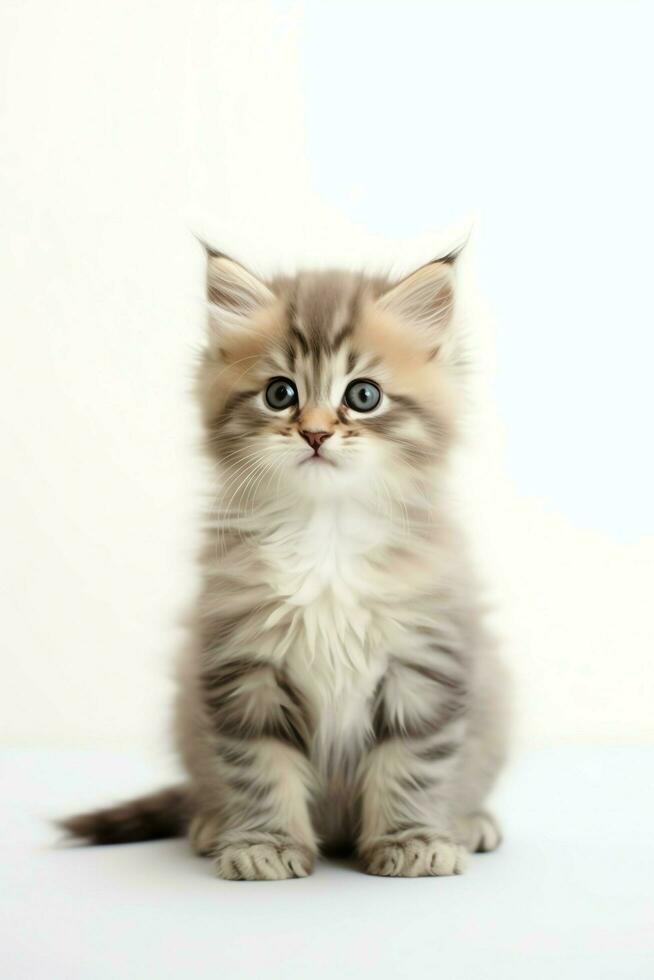 Cute small fluffy kitten with beautiful eyes is sitting or resting. British shorthair. Cat day concept by AI Generated photo