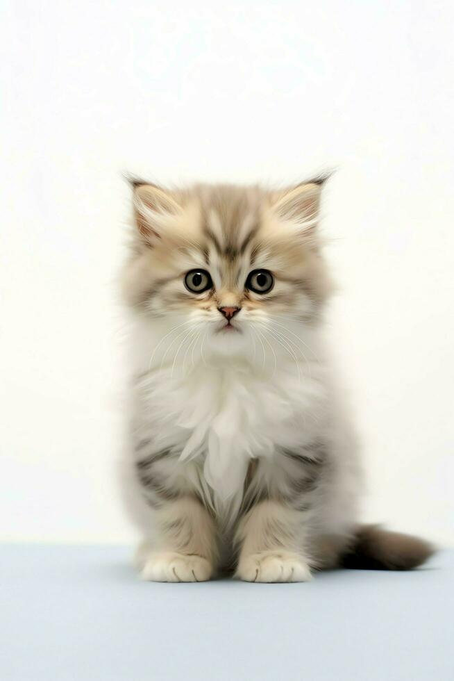 Cute small fluffy kitten with beautiful eyes is sitting or resting. British shorthair. Cat day concept by AI Generated photo