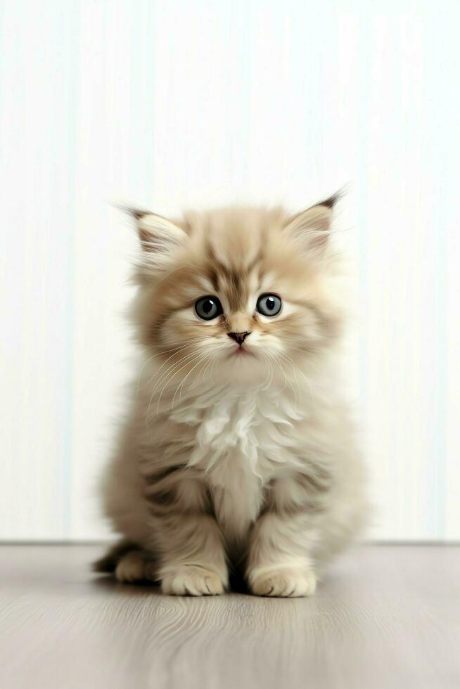 Cute small fluffy kitten with beautiful eyes is sitting or resting. British shorthair. Cat day concept by AI Generated photo