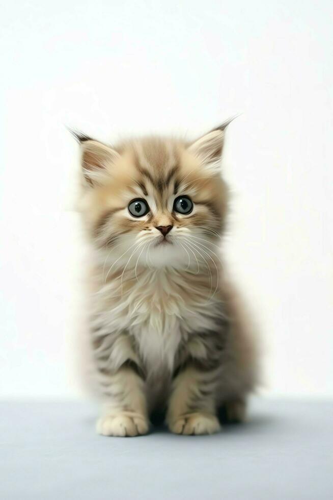 Cute small fluffy kitten with beautiful eyes is sitting or resting. British shorthair. Cat day concept by AI Generated photo