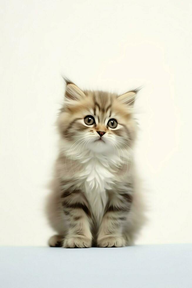 Cute small fluffy kitten with beautiful eyes is sitting or resting. British shorthair. Cat day concept by AI Generated photo