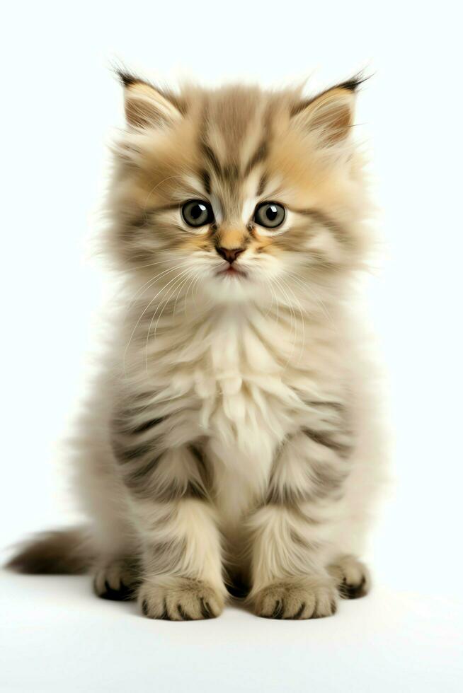 Cute small fluffy kitten with beautiful eyes is sitting or resting. British shorthair. Cat day concept by AI Generated photo