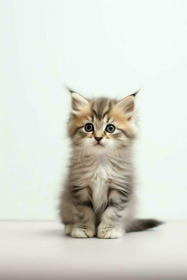 Cute small fluffy kitten with beautiful eyes is sitting or resting. British shorthair. Cat day concept by AI Generated photo