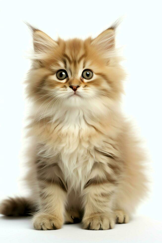 Cute small fluffy kitten with beautiful eyes is sitting or resting. British shorthair. Cat day concept by AI Generated photo